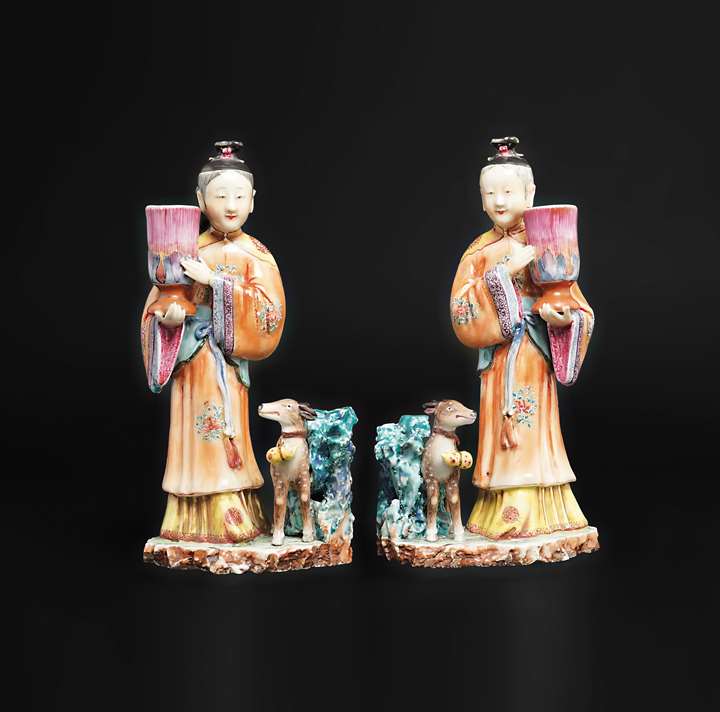 Pair chinese export porcelain famille rose figural candlesticks